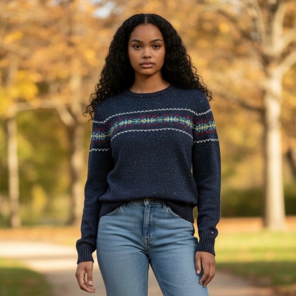 Tommy Hilfiger Women Crew Neck Fair Isle Speckled Wool Blend Sweater XS